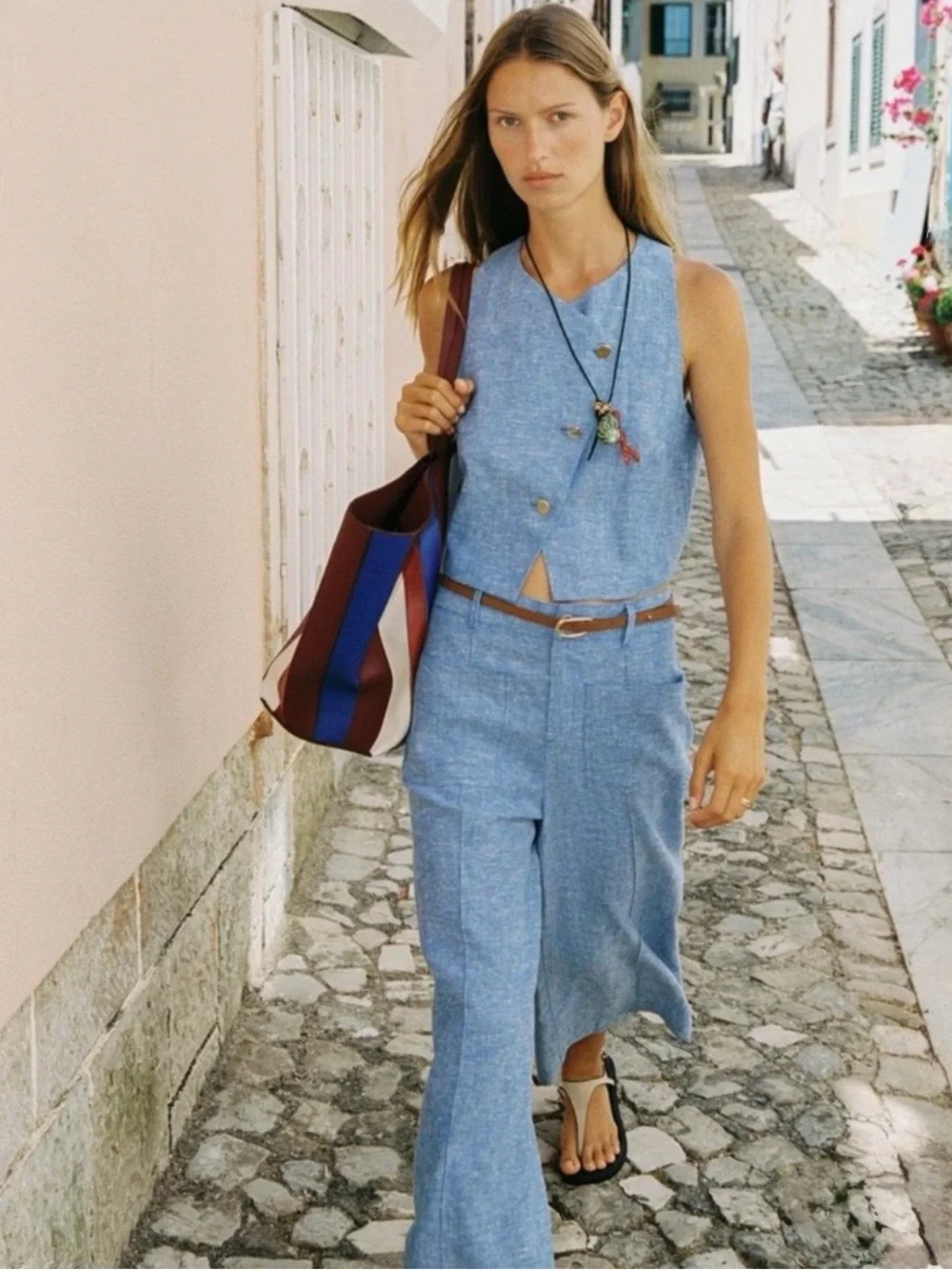 NWT Zara  Blue Linen Culottes Wide Leg Crop Pants Size M